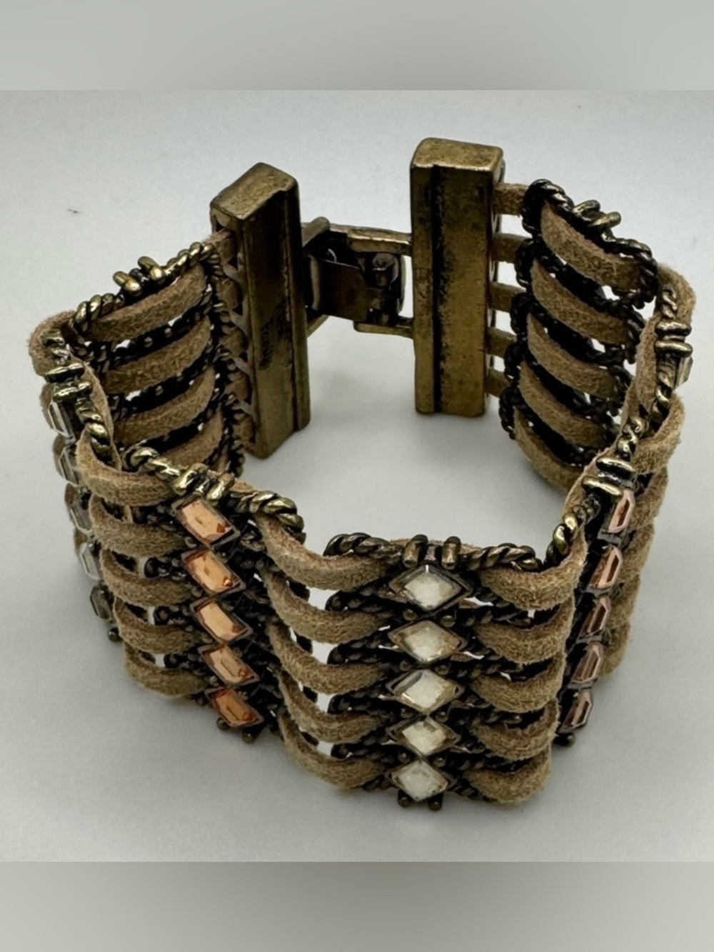 Lia Sophia Statement Cuff Bracelet Gold Tone Suede Rhinestone Wide Cuff